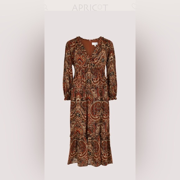 Apricot Paisley Midi Dress with Ruffles Size L - Picture 3 of 13